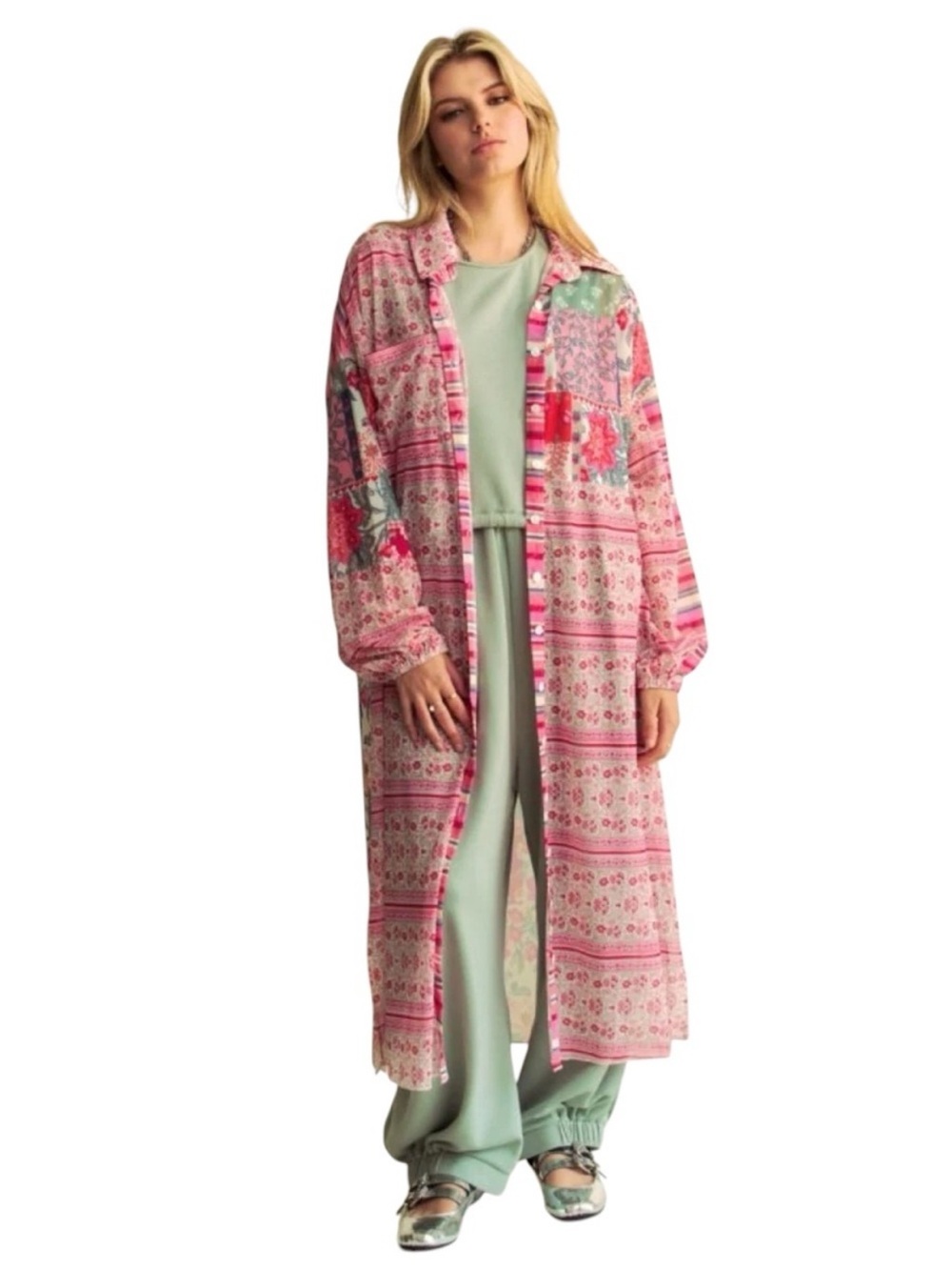 Davi & Dani Patchwork Print Bright Lightweight Duster Women's size M